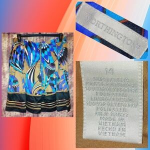 Worthington brand Blue/Tan/Multicolor Floral A-Line Satin Skirt Sz 14